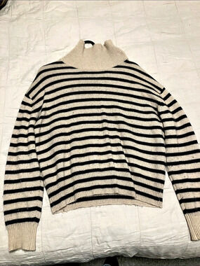 Demylee Striped Cashmere Turtleneck Sweater Beige & Black XS